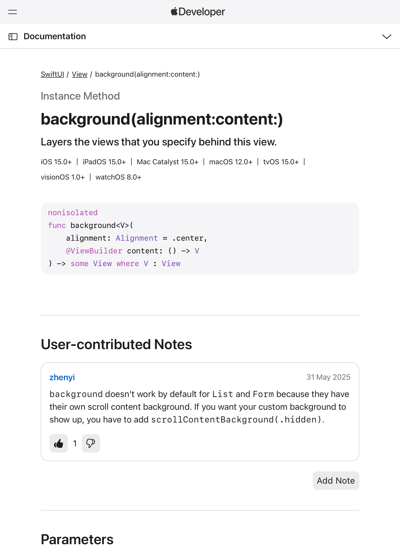 A SwiftUI documentation page for the `background(alignment:content:)` method. It details the method’s usage, supported operating systems, and shows community notes on limitations in List and Form backgrounds.